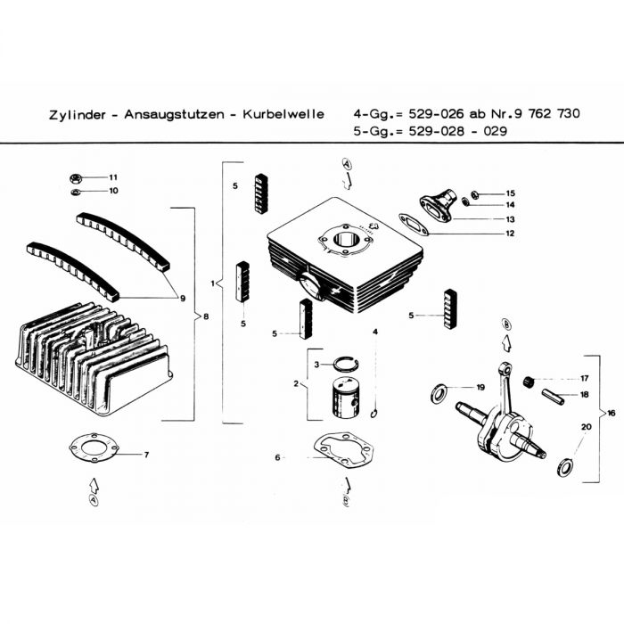 Cilinder spruitstuk krukas Zundapp 529 026 TM 029 Motornr vanaf 9762730